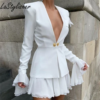 

LaStylisher Slim Coat Suit Women 2PCS Casual Office Blazer Women Suits Sets Mini Chiffon Skirts Suits for Women Blazer Set 2020