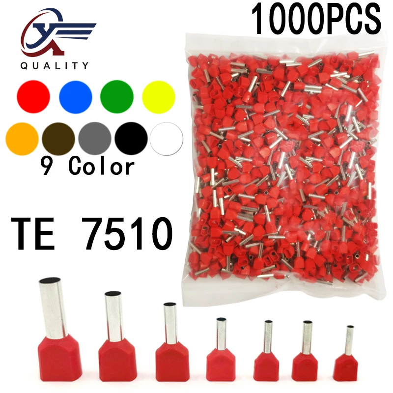 

1000pcs/Pack TE 7510 Insulated Ferrules Terminal Block Double Cord Terminal Copper Insulated Crimp terminal Wires 2x0.75mm2