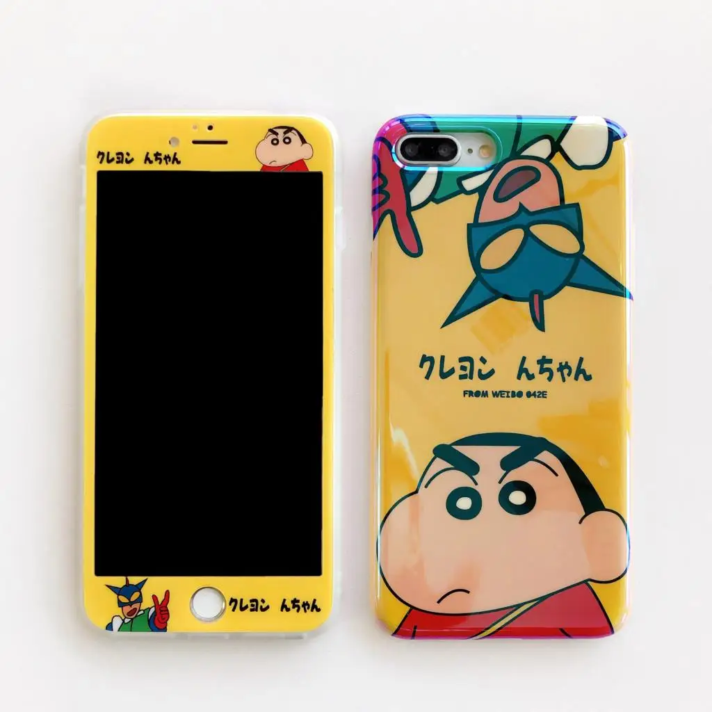 

Japanese Cartoon Crayon Shinchan TPU Phone Case for iPhone 6 6S 7 8 Plus XR X XS Max+Soft Edge Screen Protector Tempered Glass