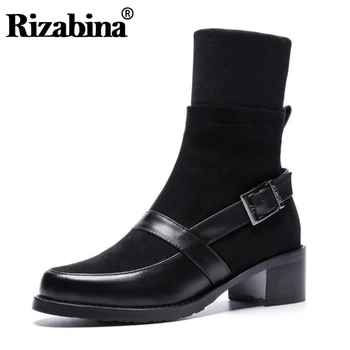 

RIZABINA Shoes Woman Women High Heel Boots Real Leather Metal Buckle Mid Calf Boots Women Shoes Ladies Footwear Size 34-39