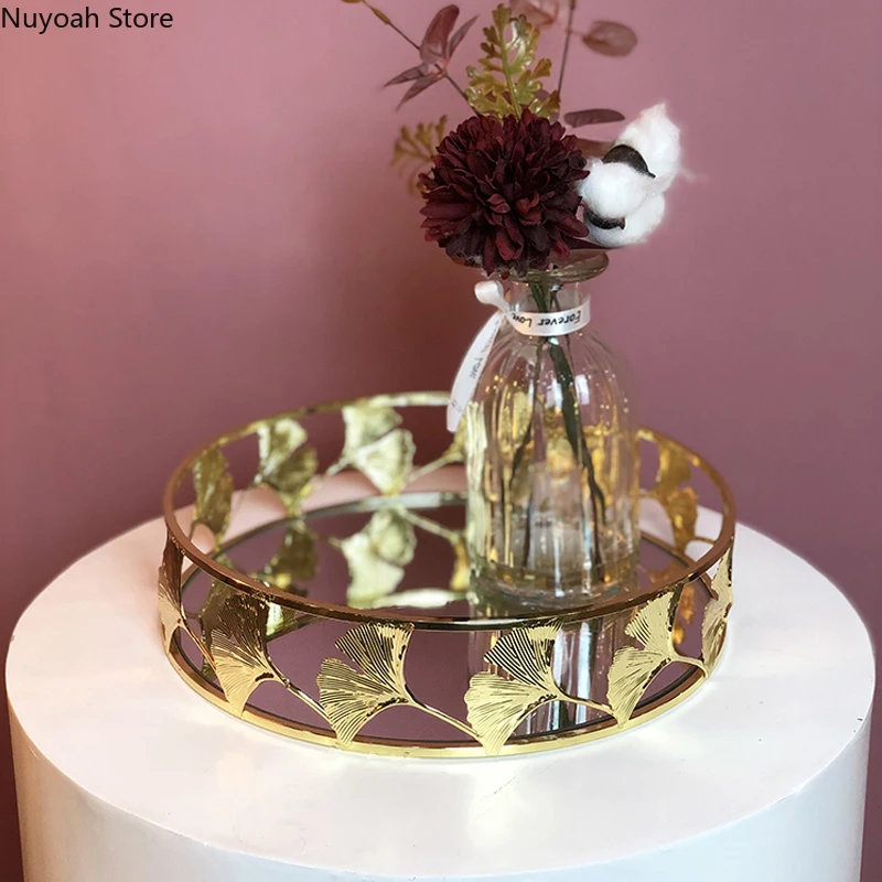 Golden Metal Apricot Leaf Mirror Face Tray Dressing Table Cosmetic Round Storage Living Room Desktop Tea Decoration | Дом и сад