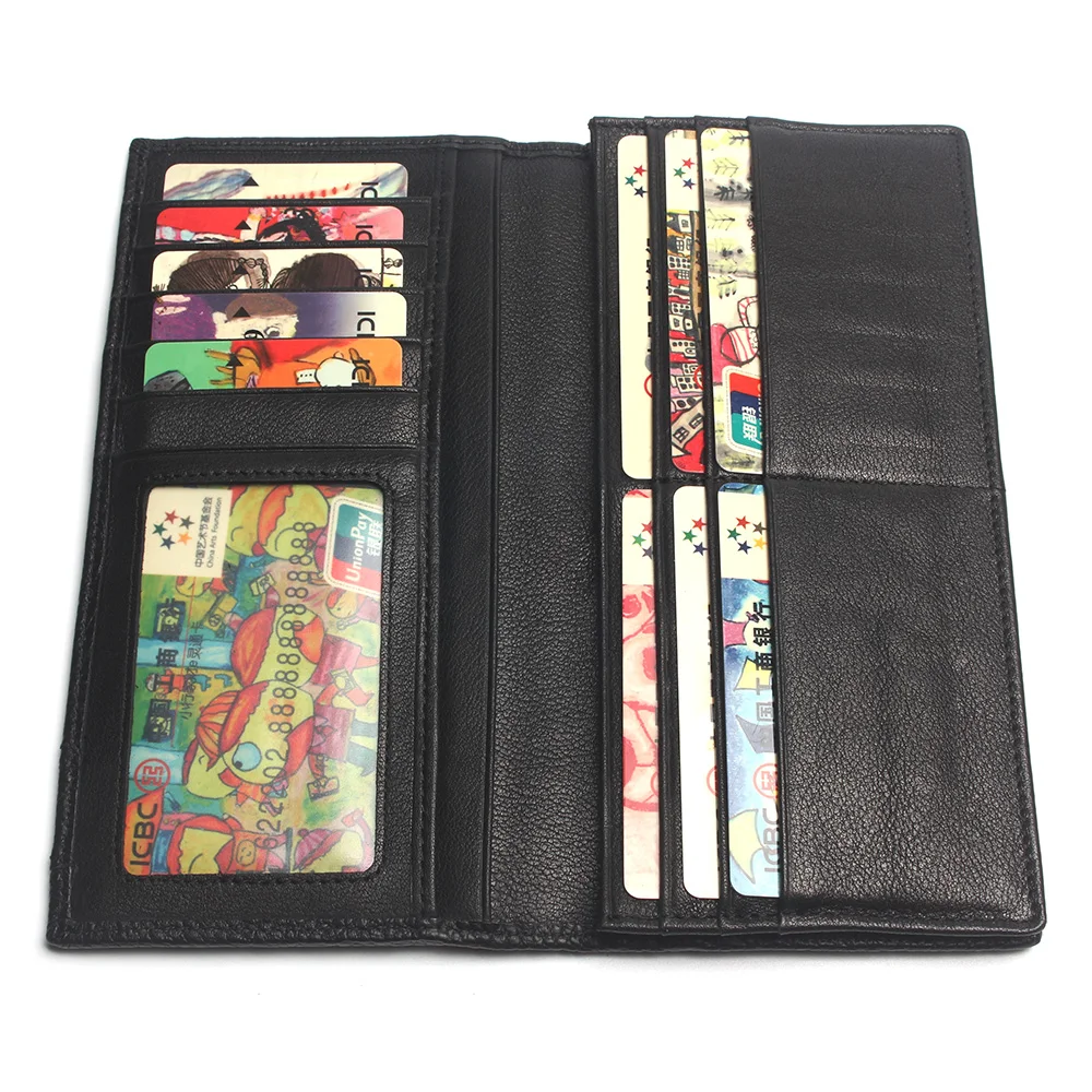 Men Black Long Wallets Stitching Style 100% Genuine Leather Wallet Men's Credit Card Travel Hand Purse For Man 4