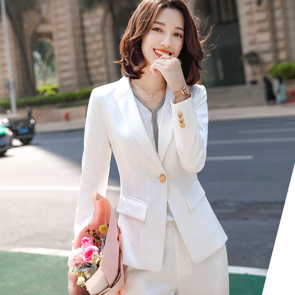 白スーツ女性 新ファッションフルスリーブpantalones Y Bleise 2 個セットビジネス女性のための結婚式 パンツスーツ Aliexpress