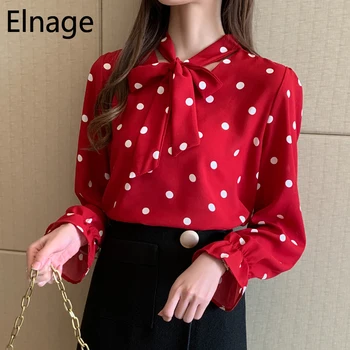 

Lace Up Bow Tie Polka Dot Chiffon Blouse Shirts Long Sleeve Spring Autumn Women Tops Red Lady Office Blusas Mujer De Moda 5A1010