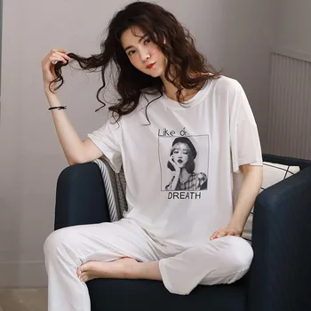 

2020 Summer Modal Short Sleeve Long Pants Pajama Sets for Women Sleepwear Suit Outwear Cute Cartoon Pyjama Homewear Home Clothes