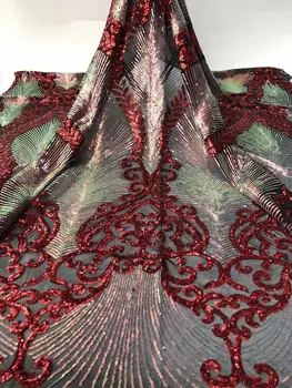 

Fashions red African Sequin Lace Fabric French Tulle Lace Fabric New Arrival Sequin Party Dress FJY76