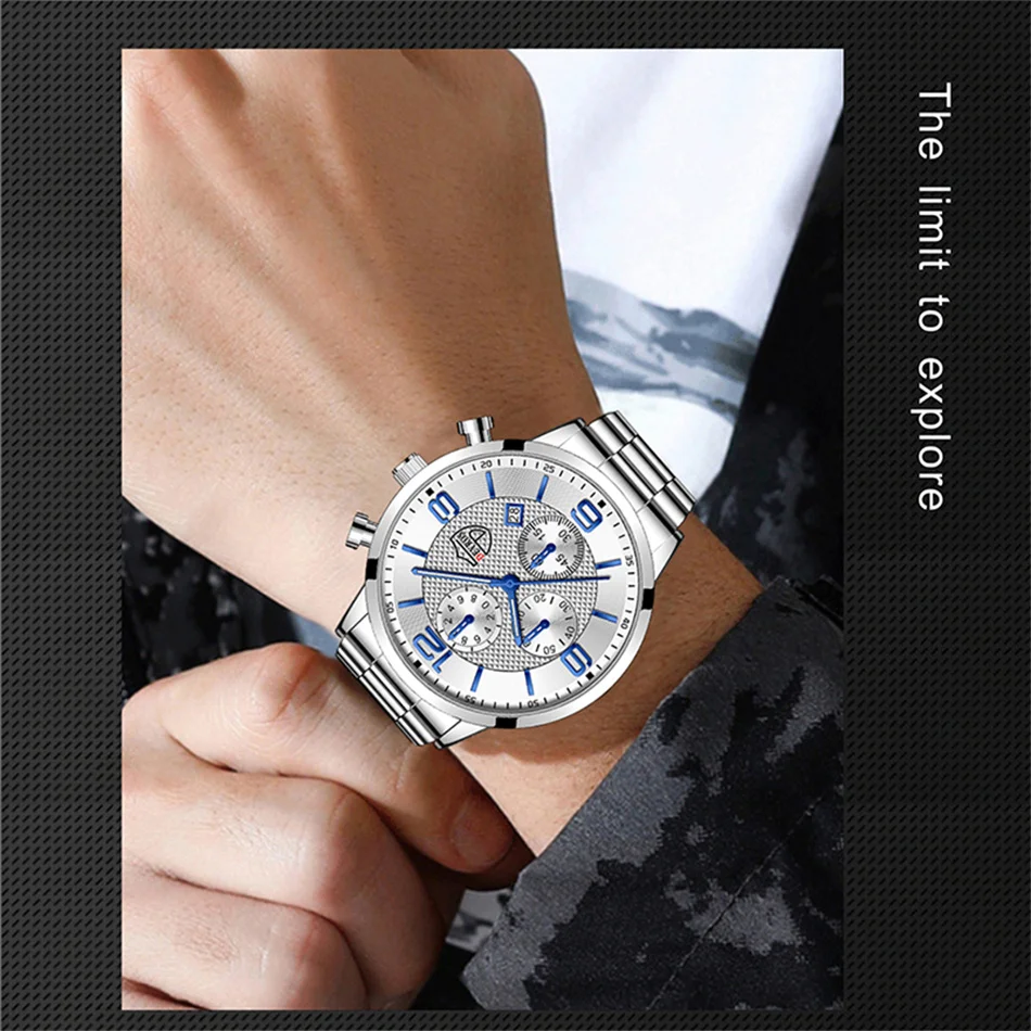 Fashion Men's Sports Watches Stainless Steel Analog Quartz Wristwatch Male Business Luminous Clock Luxury Casual Silver Bracelet