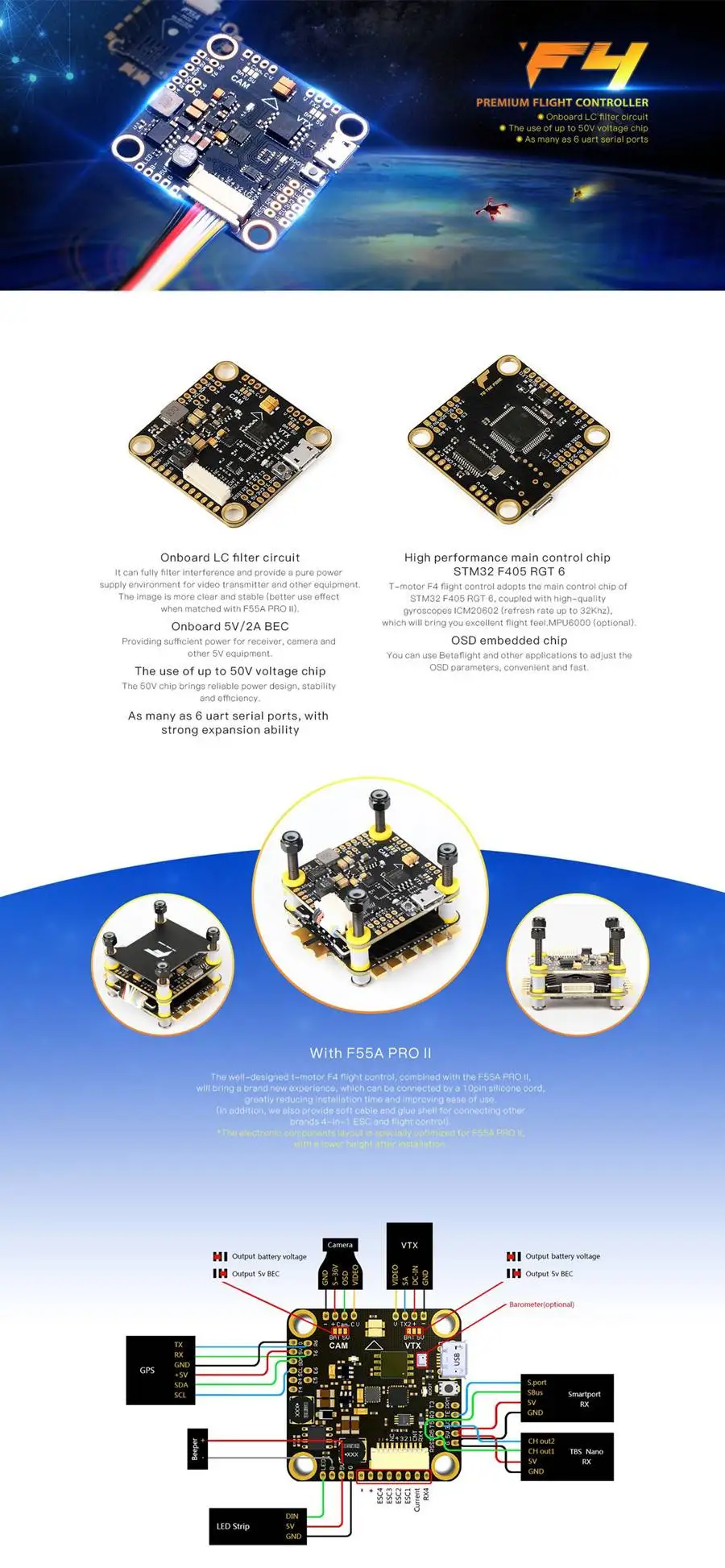 Т-двигатель F4 OSD Контроллер полета и F55A PRO II BL_32 DShot1200 4в1 ESC стек для радиоуправляемого дрона FPV гоночный мультироторный запчасти Асса