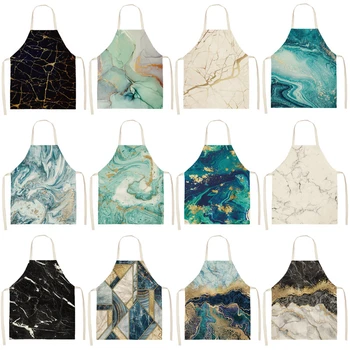 

1Pcs Marble Pattern Printed Cleaning Art Aprons Home Cooking Kitchen Apron Cook Wear Cotton Linen Adult Bibs 53*65cm WQ0110
