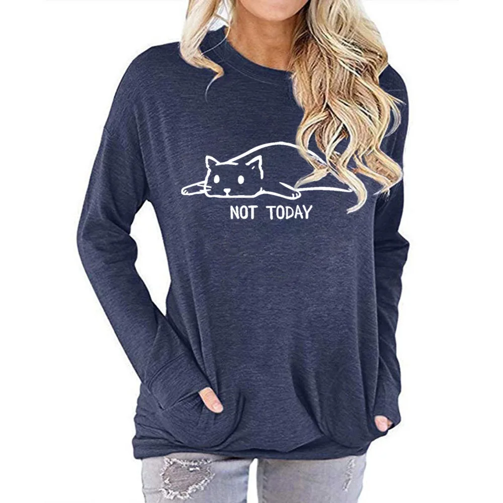 

2020 Autumn and Winter Long-sleeved T-shirt Female Print Cat Pattern Round Neck Bat Sleeve Hot Sale Ladies Pocket Top
