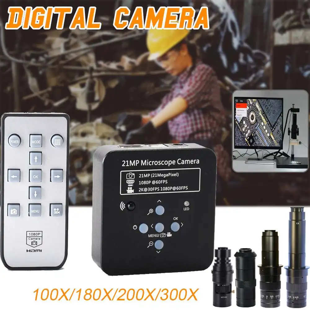 

New 21MP 1080P 60FPS 2K Industrial Camera USB Digital Video Microscope Magnifier 100X 180X 200X 300X Lens C-mount Accessories