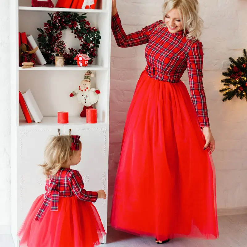 Рождественский, новогодний, семейный костюм платья для мамы и дочки красное клетчатое платье для родителей и ребенка Одежда Семейные комплекты