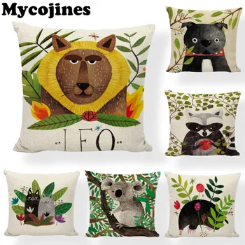 

Top Art Style Woodland Animal Pillowcase Deer Tiger Dog Lion Raccoon Fox Rabbit Dormitory Sofa Seat Decorative Cushion Cover