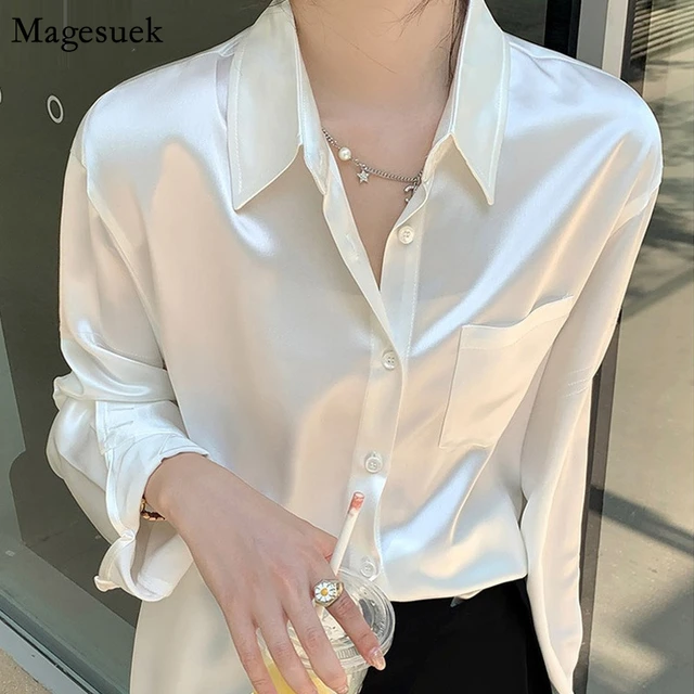 Blusa blanca satinada de manga larga mujer, camisa de oficina la moda, Retro, negra, elegante, Otoño, 16790 AliExpress