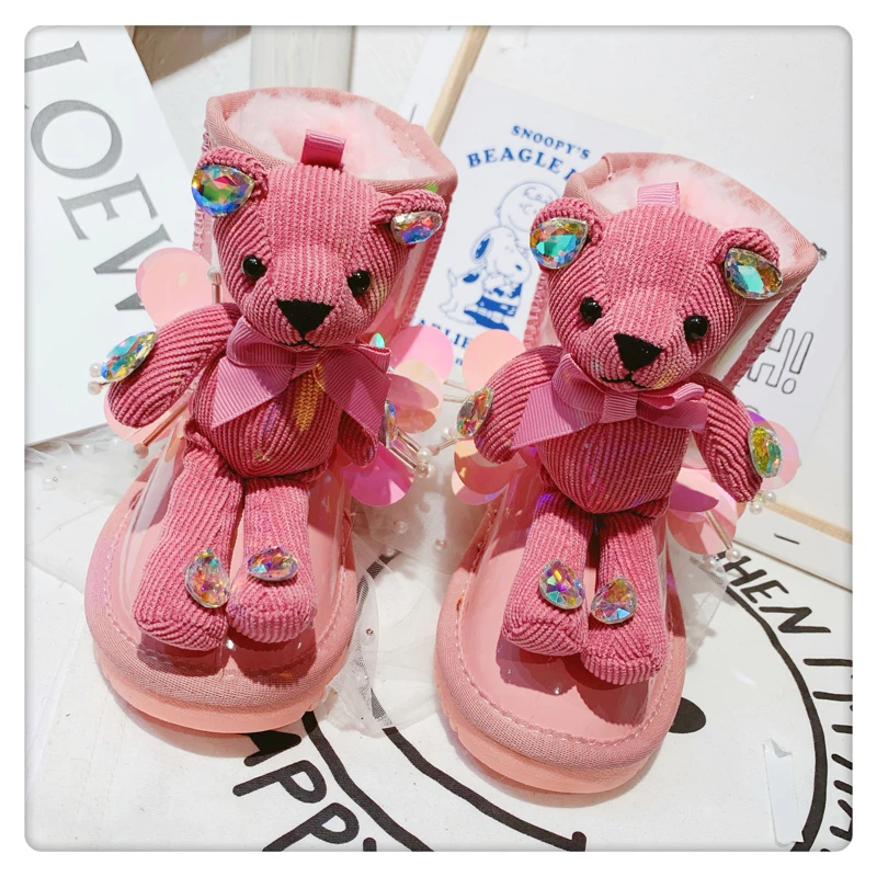 Детские зимние сапоги; сапоги до середины икры с изображением медведя для маленьких девочек; Теплая обувь из натуральной кожи для малышей; женские брендовые сапоги со стразами; зимняя обувь принцессы - Цвет: Розовый