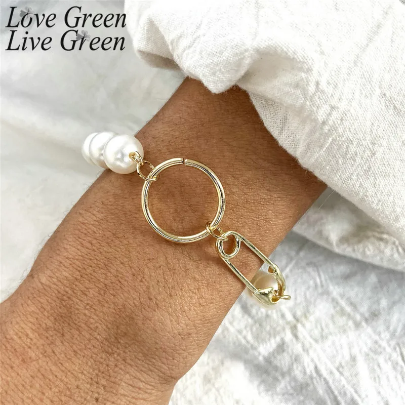 Pearl Bracelets Vintage Metal Paperclip Circle Charm Chain Gold Link Bracelet Braided 2020 Women Accesories Friendship | Украшения и