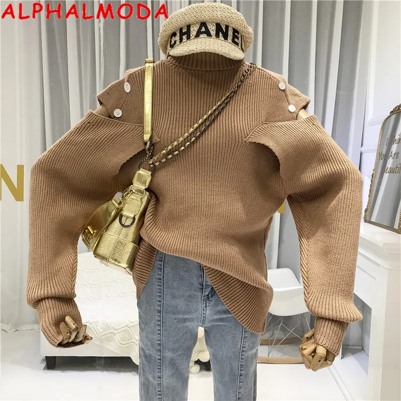 

ALPHALMODA 2019 Autumn Winter Women Fashion Sweater Outfit Adjustable Button Off-shoulder Long-sleeved Pullover Loose Jumpers