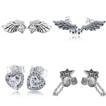 

Sparkling Angel Wings Feathers Elevated Heart Stars Earring 925 Sterling Silver Earring Studs For Women Wedding Gift DIY Jewelry
