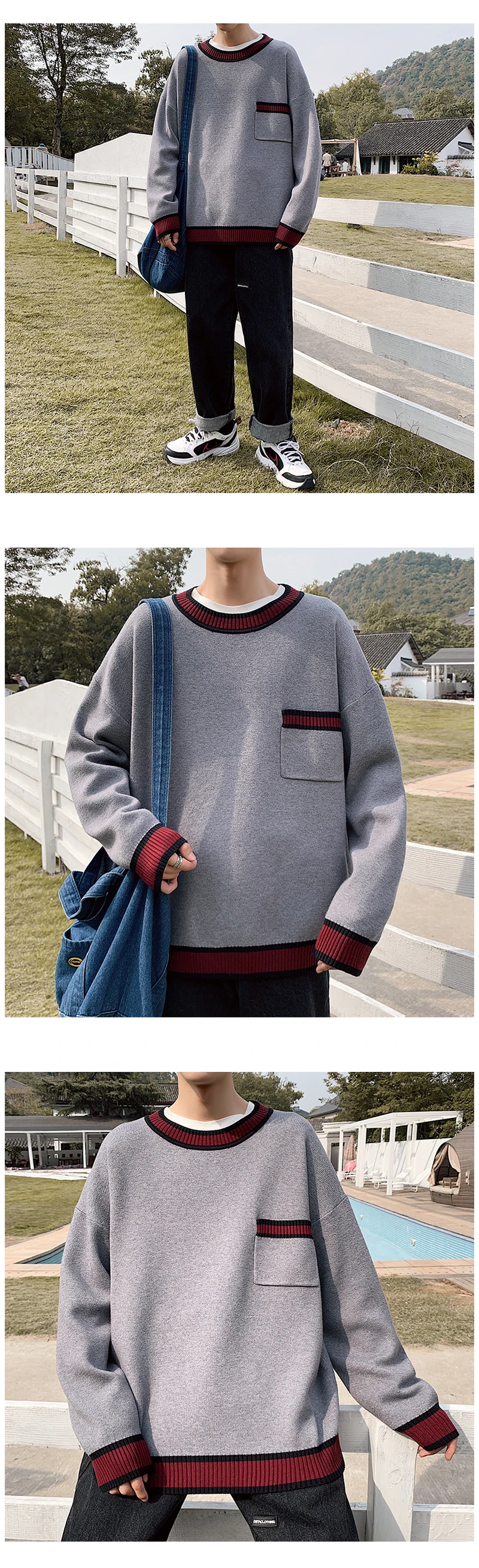 Winter Sweater Men's Slim Warm Fashion Contrast Color Casual O-neck Sweater Pullover Man Long-sleeved Sweater Large Size M-5XL