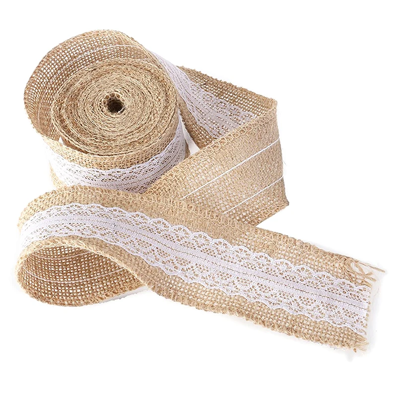 5m natural hessian sackcloth with lace ribbon 5cm wide brown