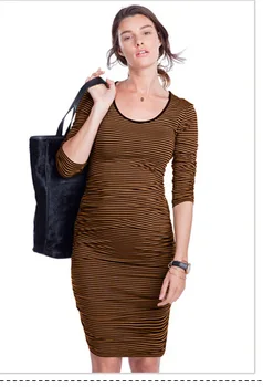 

DR223 Europe And America New Style Maternity Clothes Spring Stripes Long Sleeve Base Skirt Mid-length Large Size Pregnant Women