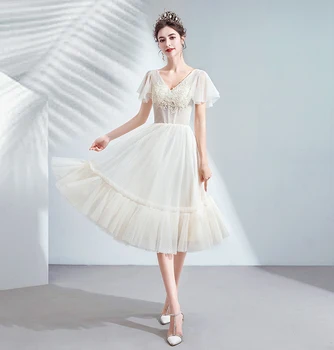 

2020 Homecoming Dresses Women Customized Mesh V-Neck Sexy Appliques Short Sleeves Tea-Length Elegant Homecoming Party Dress