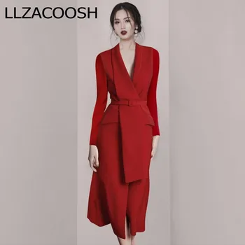 

High Quality business elegant vestido da festa 2019 Autumn Winter Korean OL belt waist Notched Slim Long sleeve Red dress
