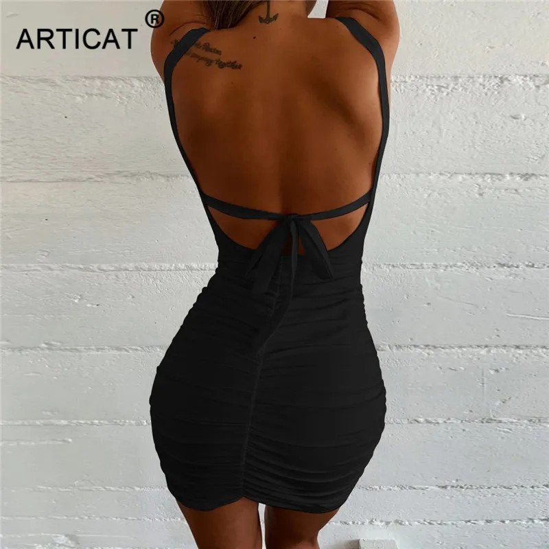 Articat Sexy Ruched Spaghetti Strap Dresses Women Backless Lace Up Bodycon Red Mini Dress Female Club Party Wear Vestidos
