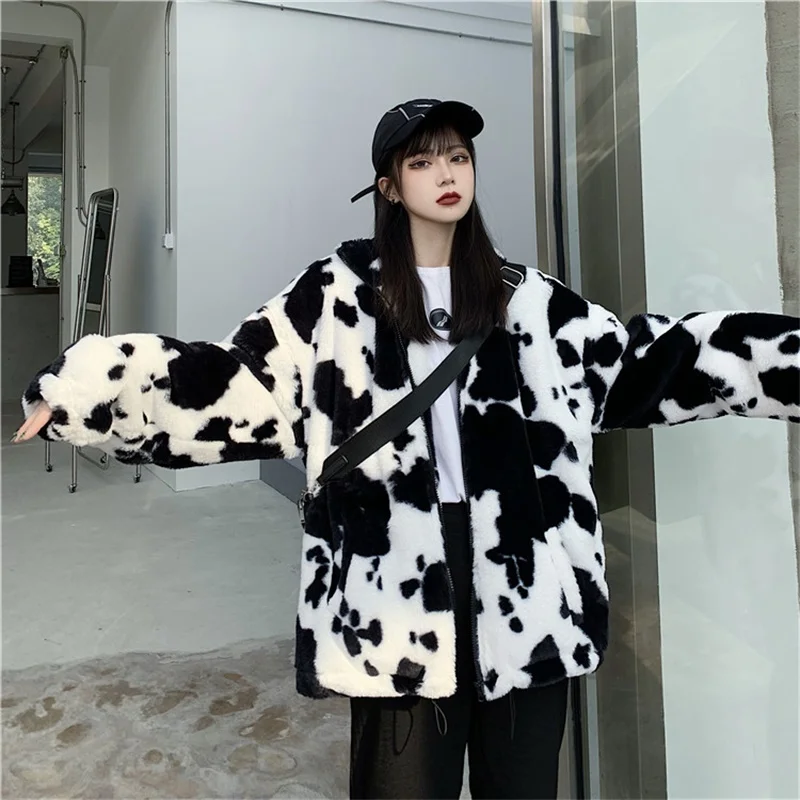 Korean Winter New Fashion Coat Harajuku Cows Printing Loose Full Sleeve Leather Jacket Vintage Flannel Keep Warm Cotton Clothes