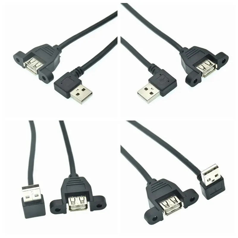 90 Degree Up & Down & Left & Right Angled USB 2.0 A Male Connector to Female Extension Cable With Panel Mount Hole 25cm 50cm