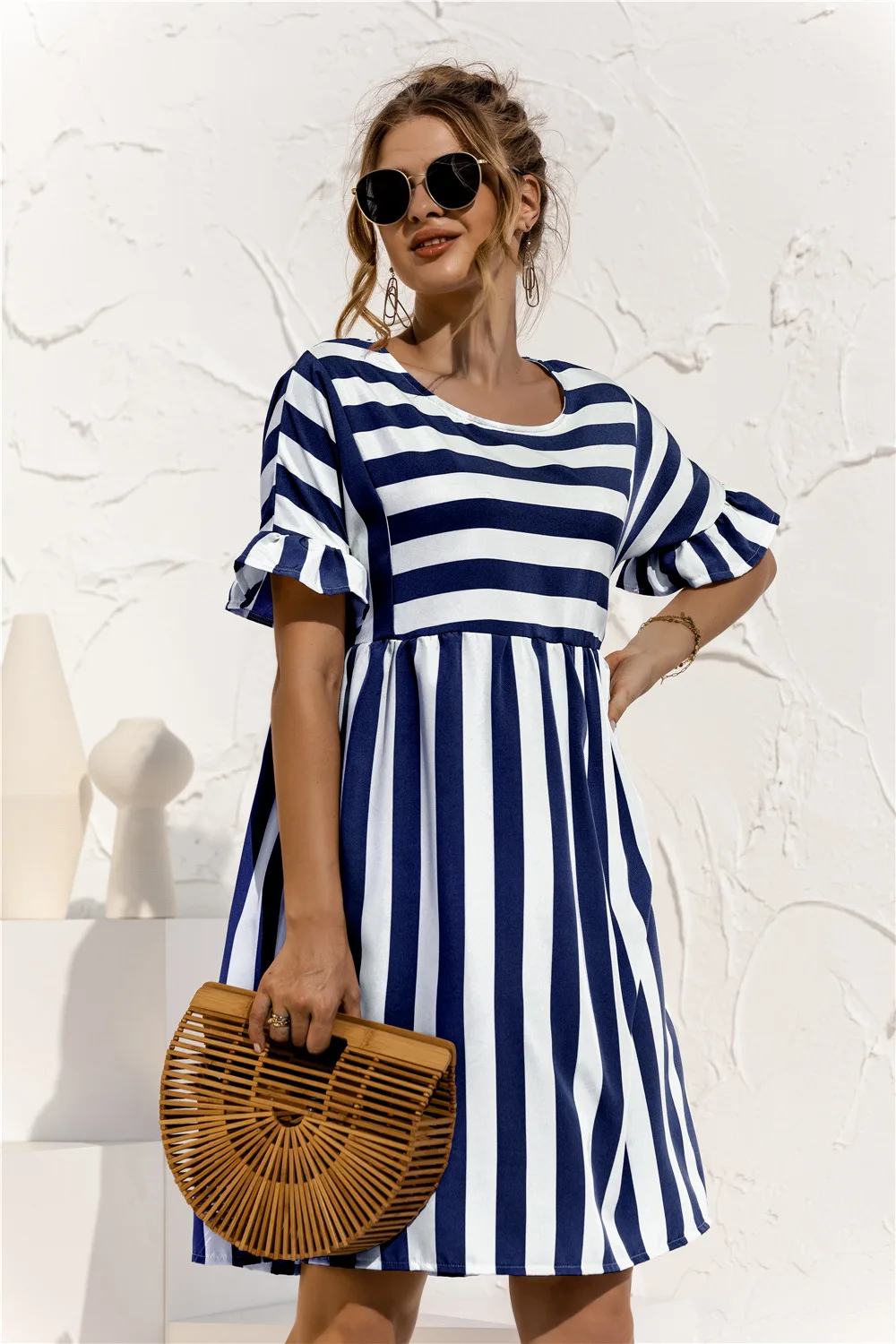 Women Summer Dress Cute Loose Striped Print Ruffles Sleeves Dresses Elegant A Line Patchwork Beach Party Female Dress Vestidos dresses to wear to a wedding