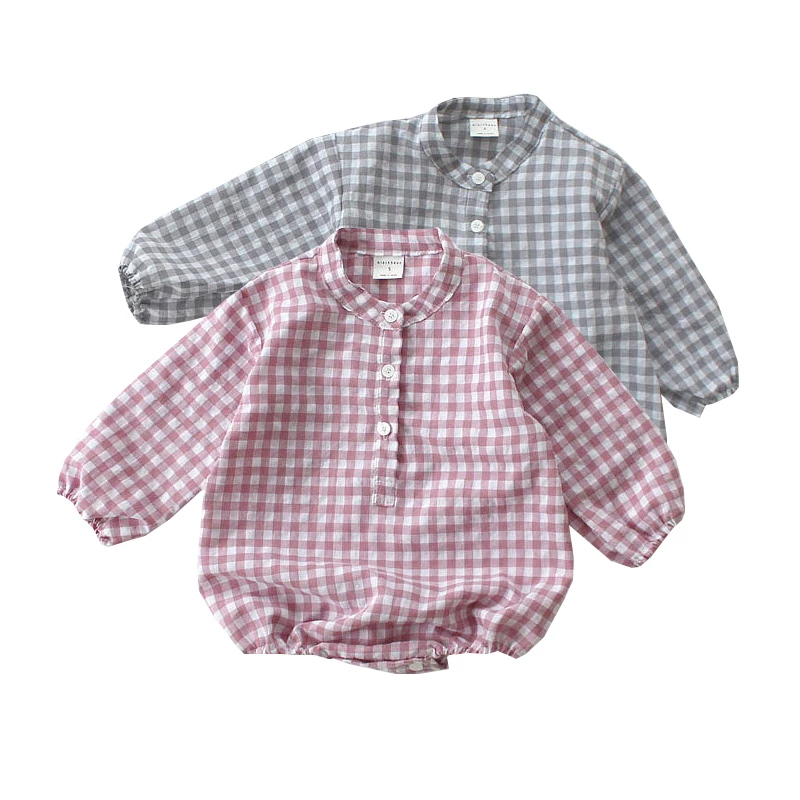 

Spring and Autumn Baby Rompers Boys and Girls Striped Plaid Cotton Triangle Bag Butt Shirt 0-3 Years Old Beibei Quality Clothing