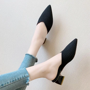 

Women's slippers outside 2020 spring new half drag Solid color square heel non-slip breathable Sweet elegant wild shoes U30-21