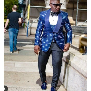 

Blue Polka Dot One Button New Arrival Groom Tuxedos Shawl Lapel Groomsmen Mens Wedding Prom Suits 3 Pcs (Jacket+Pants+Vest+Tie)