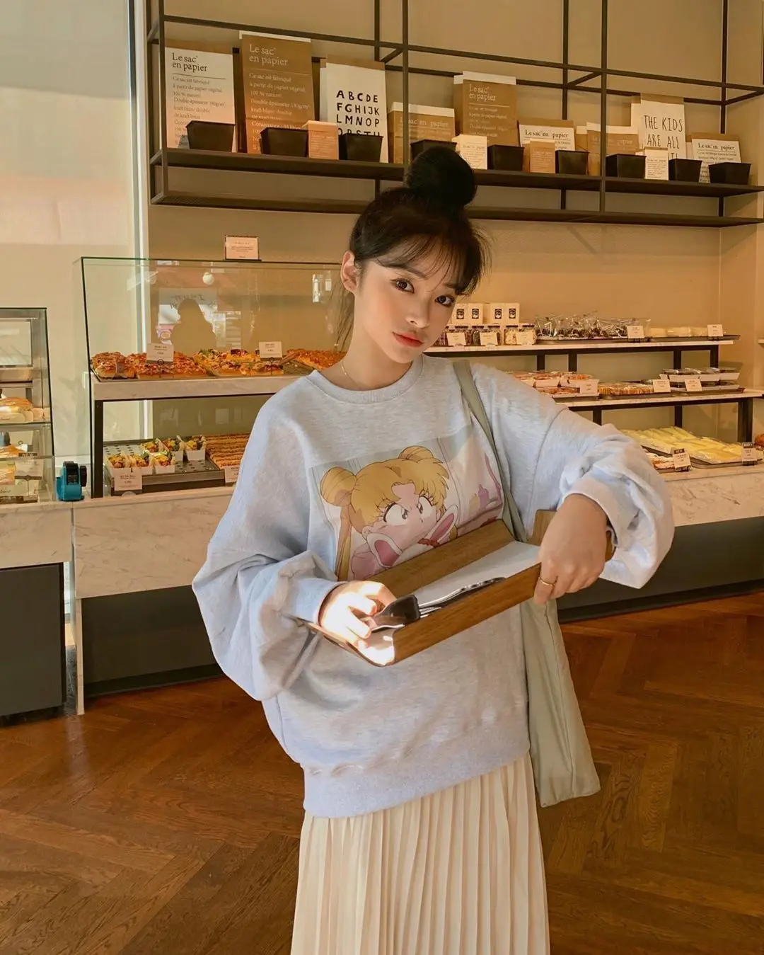 Women Autumn Winter Print Gray Long Hoodies with Velvet Long Sleeve Oversize Loose Round Collar Outer Wear Sweatshirt