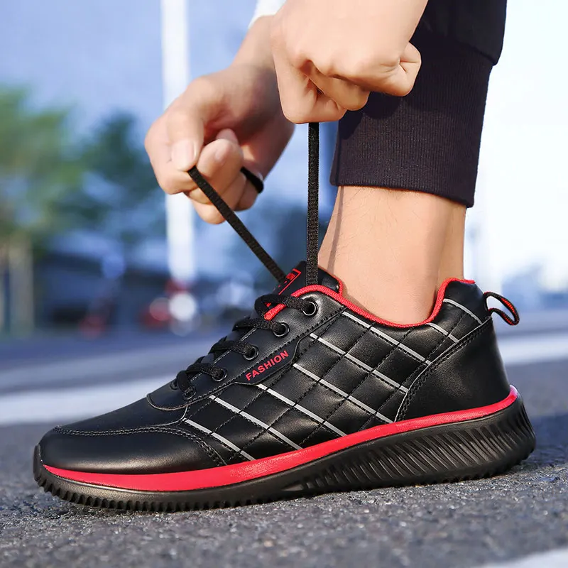 Мужские кроссовки Водонепроницаемые кожаные кроссовки теплая уличная спортивная обувь нескользящие дышащие Прогулочные кроссовки мужская обувь - Цвет: red