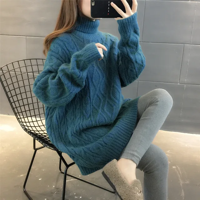 Turtleneck Loose Lazy Wind Long Sweater Women Long Sleeve Striped Jacquard Straight Knitted Sweater Women Female Spring Autumn Blue