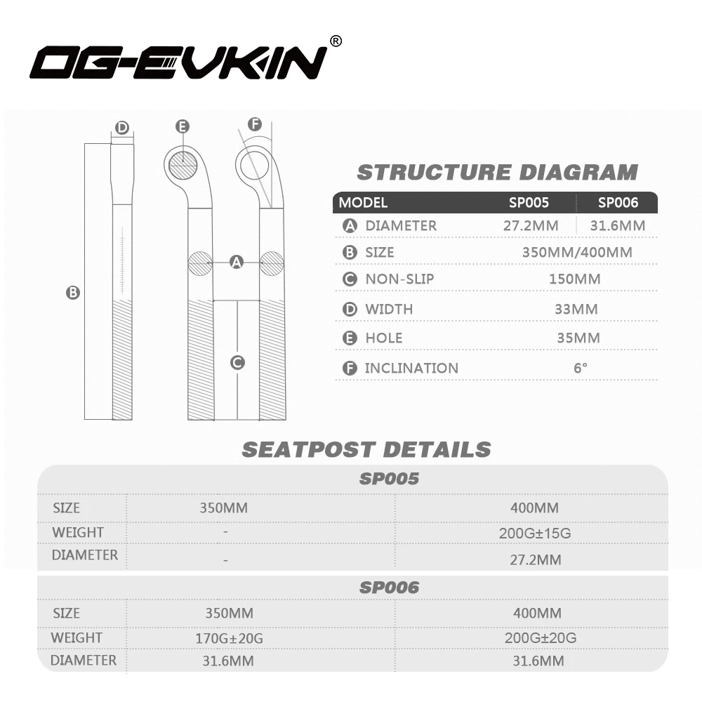 OG-EVKIN Подседельный штырь из углеродного волокна 27,2 мм/31,6 мм, подседельный штырь для шоссейного велосипеда, детали для велосипеда длиной 350 мм/400 мм SP005/SP006