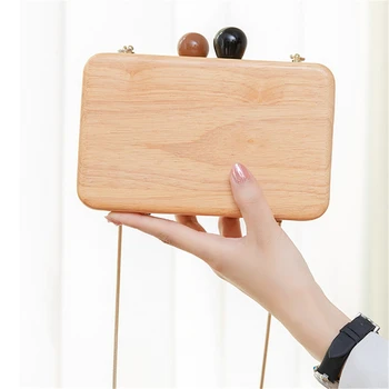 

Fashion Wooden Box Chains Bag with Balls Clasps Shoulder Mini Handbag Crossbody Square Phone Purse Handmade Small Bags Clutches