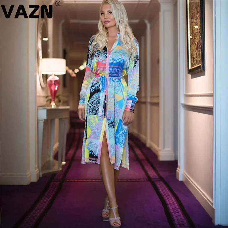 VAZN YC1962, Осеннее жоржет платье, природное, винтажное, свободное, свежее, прозрачное, на шнуровке, поло, с вырезом, полный рукав, женское, прямое, миди платье