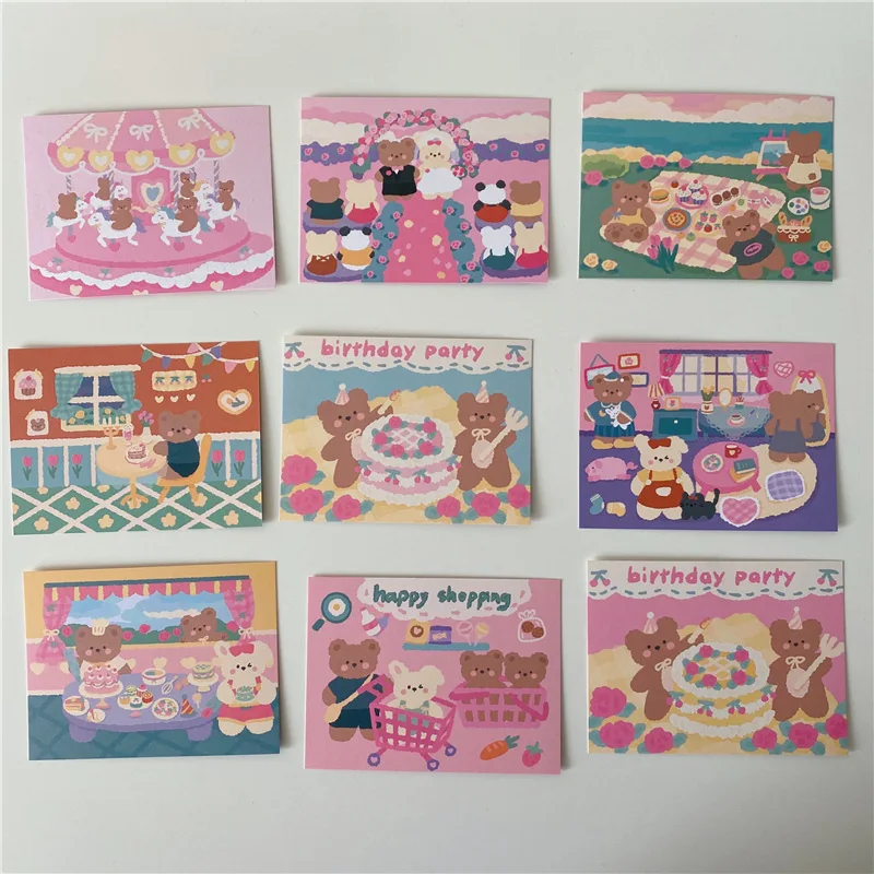 Korean Ins Picnics Bear Cute Postcard 9 Sheets Double Sided Kawaii Decorative Card DIY Room Wall Sticker Cartoon Greeting Card