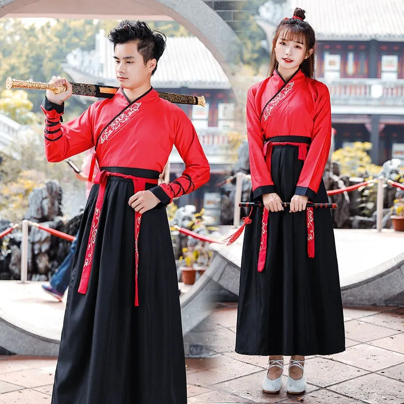 

Tang Dynasty Ancient Costume Hanfu Women Men Chinese Traditional Plus Size Fairy Dress Long Sleeves Woman Swordsman Folk Dance