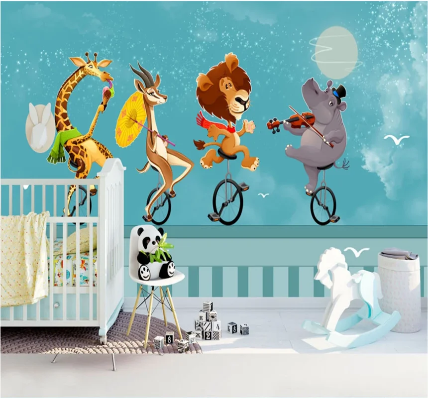 Nordic small fresh hand-painted cartoon animal circus show children's room custom wallpaper 8D wall covering