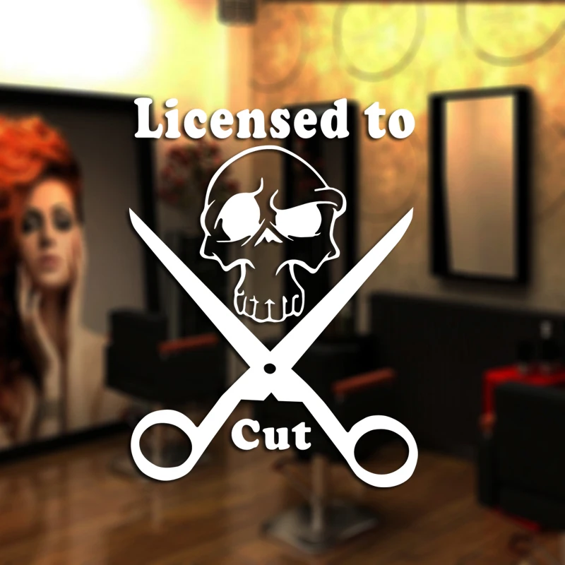 DCTAL Barber Shop Sticker Name Scissors Skull Hair Salon Decal Neutral Haircut Poster Vinyl Wall Art Decals Decor Windows