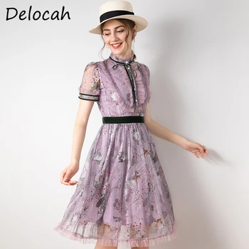 

Delocah Summer Women Fashion Runway A-Line Dress Short Sleeve Bow Ruffles Elegant Ladies Mesh Party Midi Dresses vestidos 2020