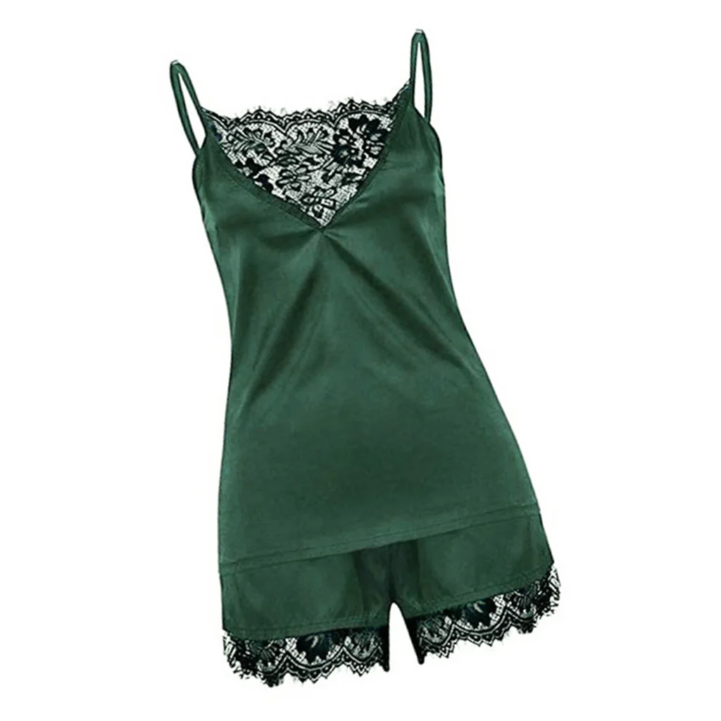Women Ladies Sexy Lace Satin Sleepwear Cami Top and Shorts Pajama Set