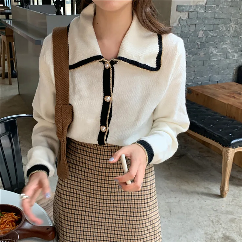 RUGOD women's sweater cardigans turn down collar single breasted long sleeve patchuwork knit coat fashion female elegant