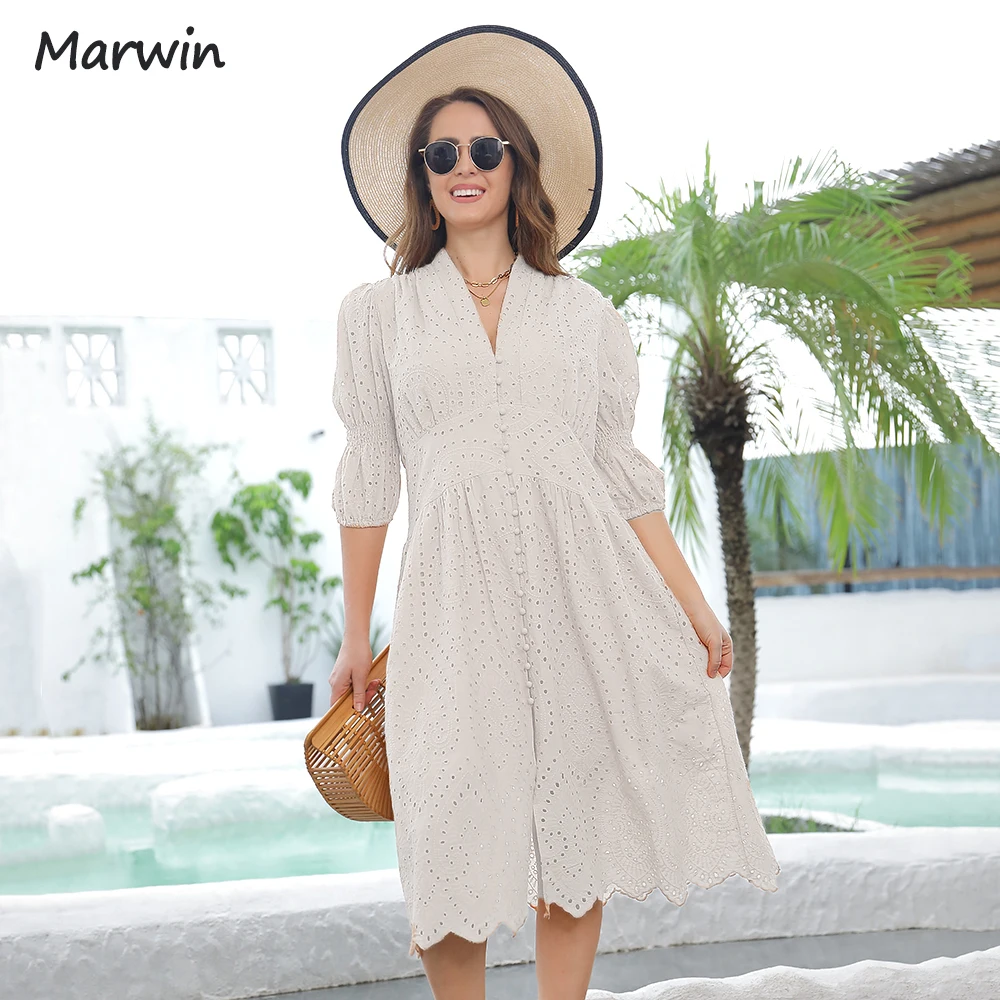 Marwin Long Simple Casual Solid Hollow Out Pure Cotton Holiday Style High  Waist Fashion Mid-calf Summer Dresses New Vestidos - Dresses - AliExpress