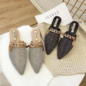 

Brand Metal Chain Slippers Female Summer Shoes 2020 Fashion Rhinestone Ladies Flat Sandals Designer Slides Flip Flop Mules Shoes