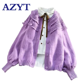 

AZYT Fall 2020 New Women's Sweater Cardigan Jacket Lantern Sleeve Loose O Neck Female Cardigan Solid Streetwear Knitwear Tops